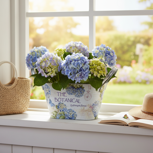 Product Flower bowl with handles, hydrangea design, metal, 26×13×14.5cm