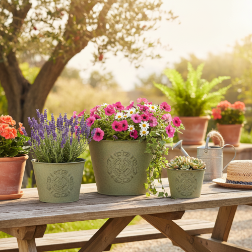 Product Metal flower pot, green, vintage, Ø22cm–13.5cm, set of 3