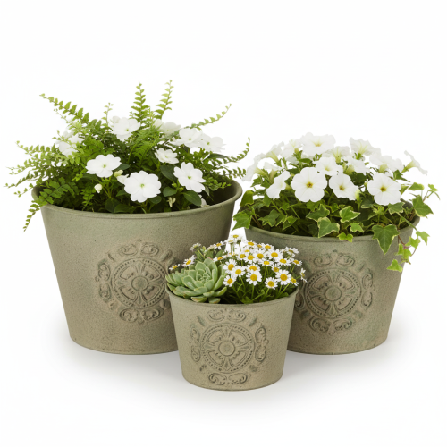 Product Metal flower pot, green, vintage, Ø22cm–13.5cm, set of 3