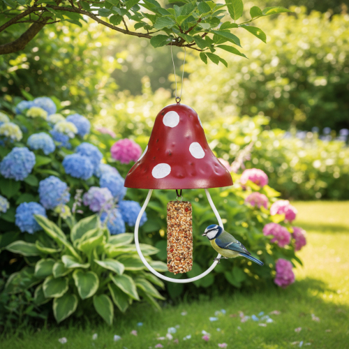 Product Metal feeding station, fly agaric design, hanging, red and white, 25.5cm