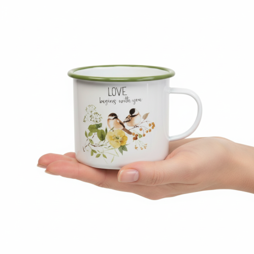 Product Enamel planting cup, cup for planting with a saying, Ø11cm