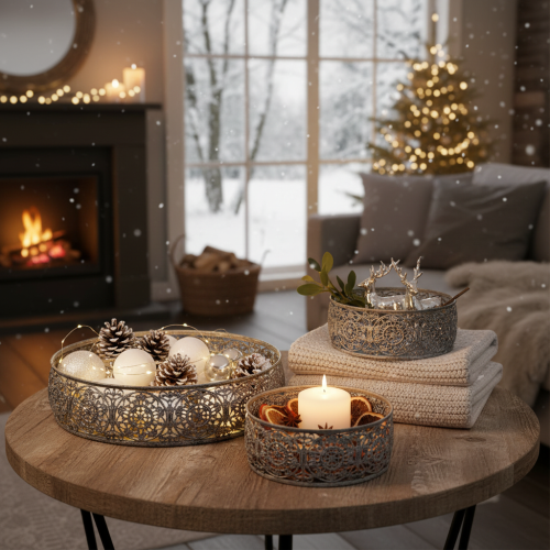 Decorative metal bowl, grey and white pattern, Ø16/19.5/23.5cm, set of 3 | Floristik24.co.uk