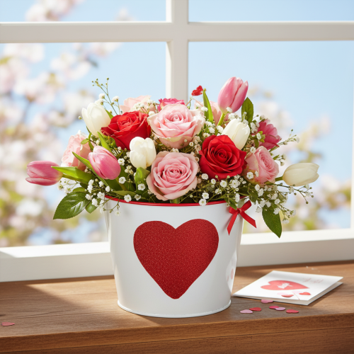 White flower pot with red heart, planter, Ø18cm H13.5cm | Floristik24.co.uk