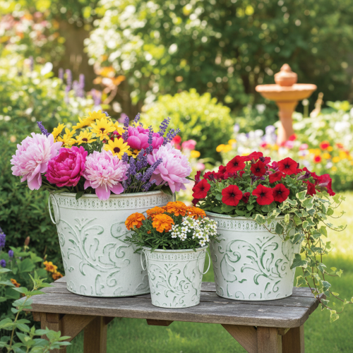Metal pots with handles, planters with embossing, white, green, shabby chic, H20.5/18.5/16cm, Ø25.5/20.5/15.5cm, set of 3 | Floristik24.co.uk