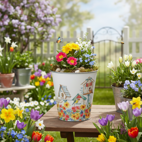 Tin pot with birdhouses, summer decoration, planter H14.5cm Ø13.5cm | Floristik24.co.uk