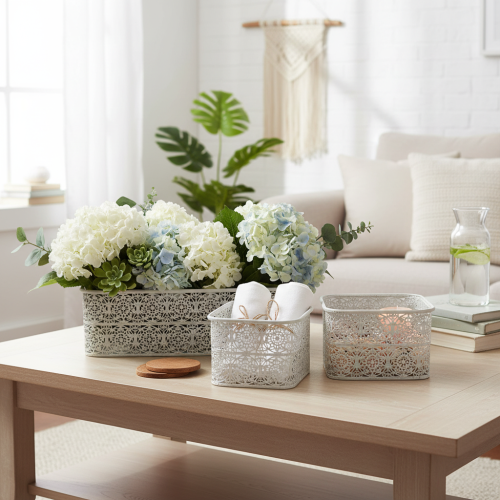 Product Metal bowls with lace pattern, decorative container, square, shabby chic, white, 27/23/19cm, H13.5cm, set of 3