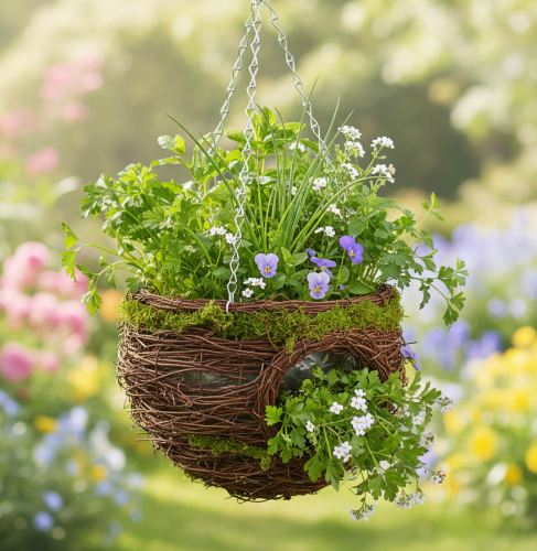 Product Brown hanging flower basket, planter with vines and moss, Ø24cm