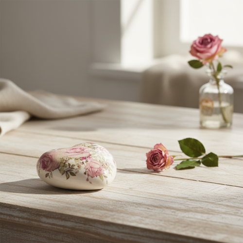 Product Ceramic decorative heart with roses earthenware for the table 10.5cm