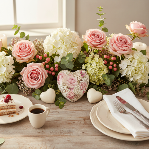 Product Ceramic decorative heart with roses earthenware for the table 10.5cm