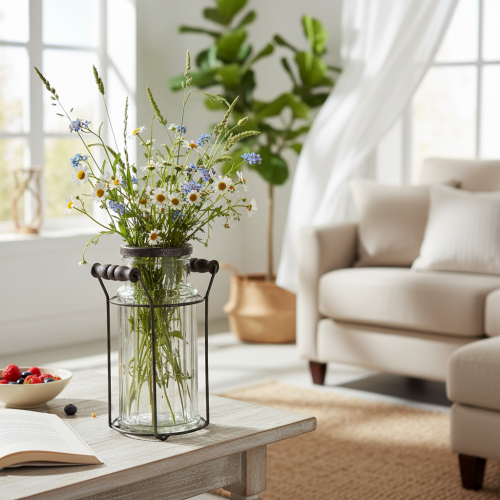 Product Glass bottle in a metal basket, ideal for decorative accents in the living room, 20cm