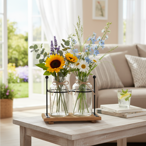 Decorative bottle vase, glass and wood, 23x12x19.5cm, 2 pieces | Floristik24.co.uk