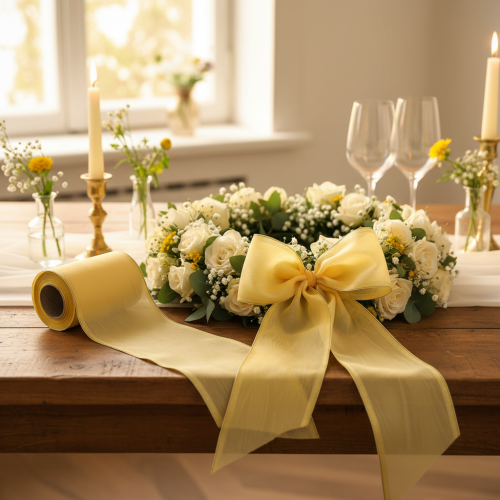 Moiré wreath ribbon, yellow with gold trim, decorative floral ribbon, acetate/polyester, 150mm x 25m | Floristik24.co.uk