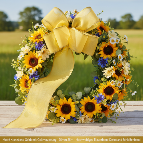 Product Moiré wreath ribbon, yellow with gold trim, 125mm x 25m - High-quality mourning ribbon, decorative ribbon, bow ribbon