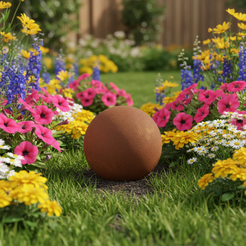 Product Rust-colored sphere decorative element for rustic garden design, 14cm, 2 pieces