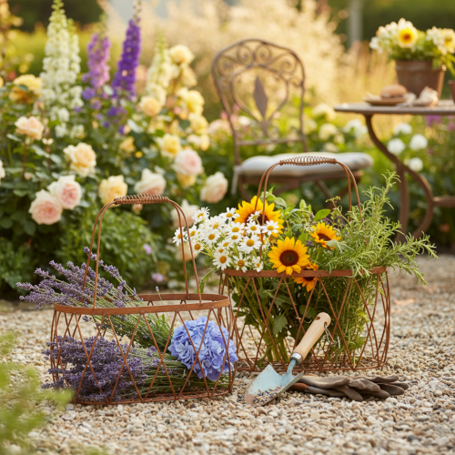 Oval wire basket with handle, garden decoration, rust finish, 30/25cm, set of 2 | Floristik24.co.uk