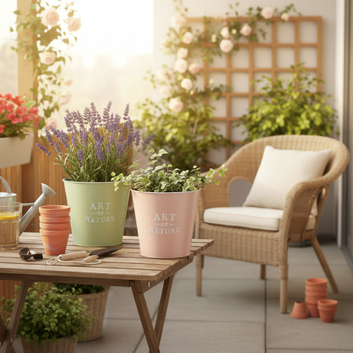 Product Set of 2 Pastel Metal Plant Pots – 22cm, Green and Pink