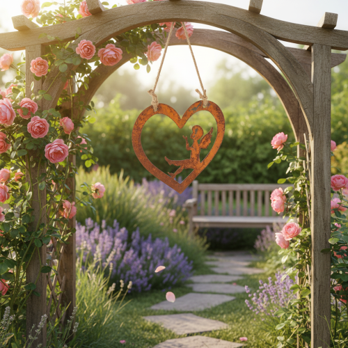 Decorative metal hanging ornaments, rusted finish, heart-shaped angel design, Ø15cm, 6 pieces | Floristik24.co.uk