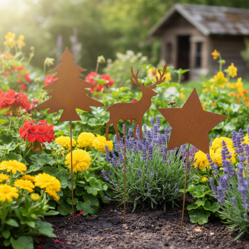 Garden stake, weathered steel, deer, star, fir tree, H14/20, 3 pieces | Floristik24.co.uk