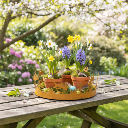 Decorative tray, table decoration with birds, spring decoration, rusted metal, Ø20cm H8.5cm | Floristik24.co.uk
