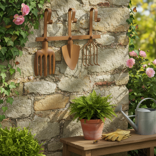 Hook rail for garden tools, garden decorations, rake, spade, and hoe; metal coat rack made of rusted metal, L33.5cm | Floristik24.co.uk