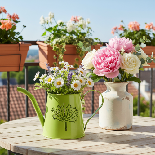 Decorative metal watering can, dandelion design, green, 12cm high, 2 pieces, decorative vase, shabby chic | Floristik24.co.uk