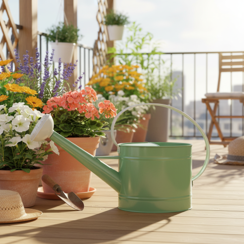 Metal decorative watering can, retro pastel green with white accents, for garden, balcony, and indoor use, 52.5x15x30cm | Floristik24.co.uk