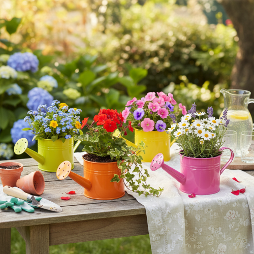 Colorful decorative watering can, Ø11cm, H9.5cm, for planting, spring table decoration, metal, set of 8 | Floristik24.co.uk