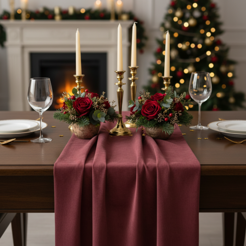 Velvet table runner Bordeaux dark red, 28×270cm - Luxurious table runner decorative fabric for festive occasions | Floristik24.co.uk
