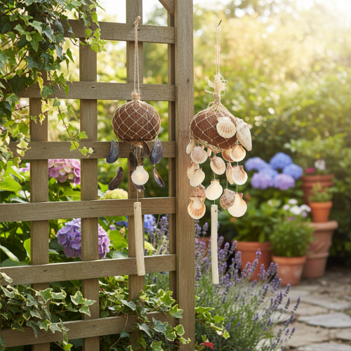 Summer chimes Sea shells with coconut Marine decor 53cm 2pcs | Floristik24.co.uk