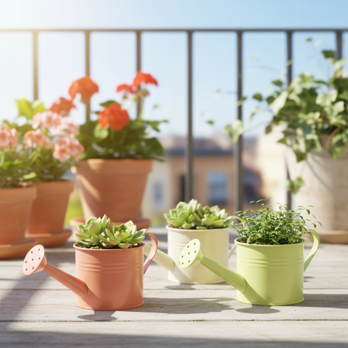 Decorative watering can set in pastel salmon, green, yellow-green - metal planter Ø11cm H10cm, 8 pieces | Floristik24.co.uk