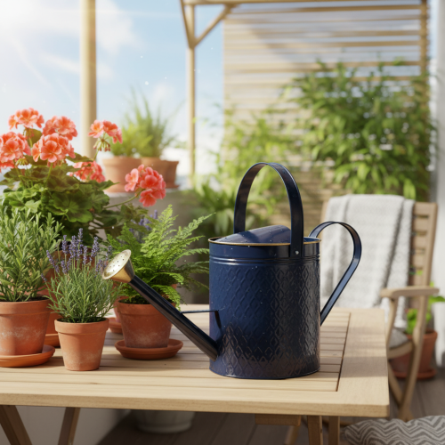 Decorative watering can, vintage blue and gold checkered metal, retro design for indoor use, garden, or balcony, 65cm | Floristik24.co.uk