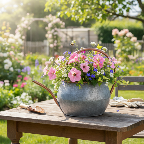 Metal decorative watering can, vintage country style, garden decoration, for planting, silver copper, L41cm Ø26cm H30cm | Floristik24.co.uk
