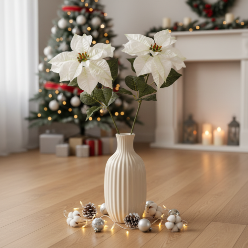Artificial white poinsettia, large flowering branch decoration, 65cm, 2 pieces | Floristik24.co.uk
