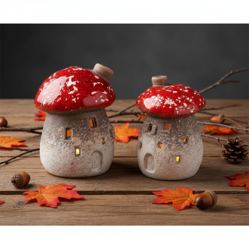 Mushroom House Light House Decorative Figurine Fly Agaric with Chimney 10cm 2pcs | Floristik24.co.uk