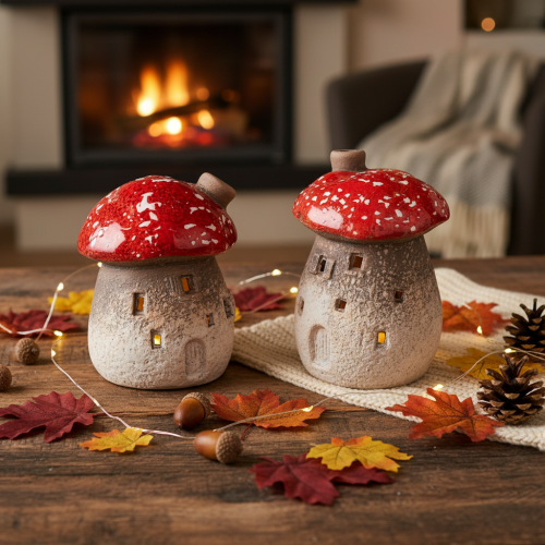 Mushroom House Light House Decorative Figurine Fly Agaric with Chimney 10cm 2pcs | Floristik24.co.uk
