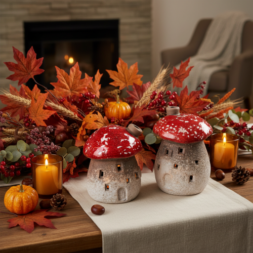 Mushroom House Light House Decorative Figurine Fly Agaric with Chimney 10cm 2pcs | Floristik24.co.uk