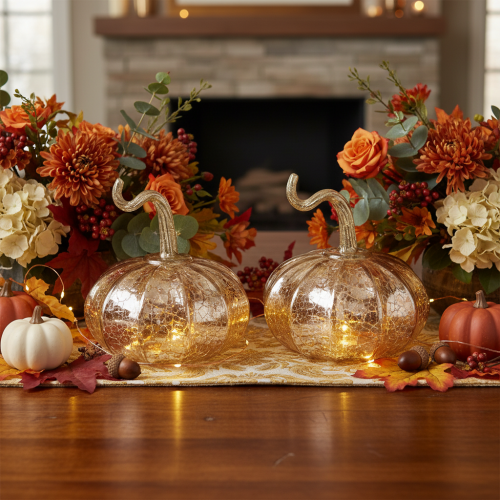 Glass pumpkin table decoration, autumn pumpkin, glass and metal, 14cm high, 2 pieces | Floristik24.co.uk