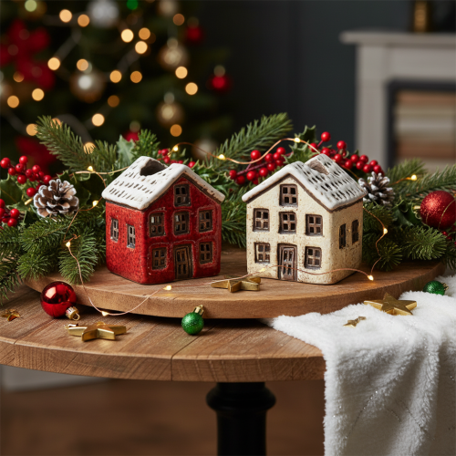 Ceramic Candle Holders Small House Design with Snow Set of 2 | Floristik24.co.uk