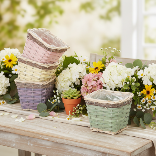 Square Wooden Planter Set with Inner Plastic Lining – 4 Pieces – 14cm | Floristik24.co.uk