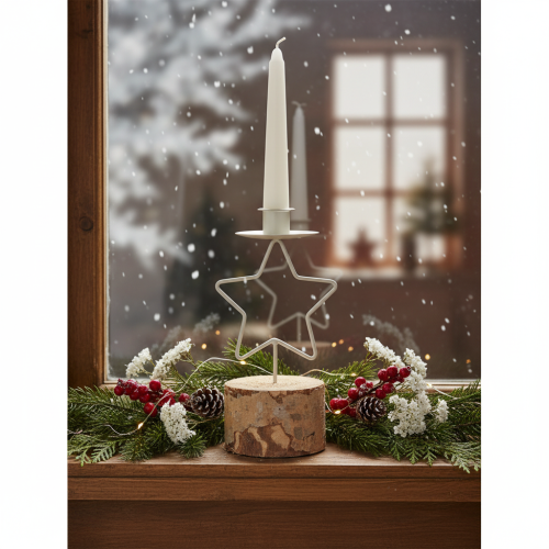 **Star-Shaped Candle Holder with Wooden Base for Taper Candles 20cm**

```html
<h2>Star-Shaped Candle Holder with Wooden Base</h2>
<p>
This star-shaped candle holder is a charming addition to your seasonal home decoration. It features a natural wood base  | Floristik24.co.uk