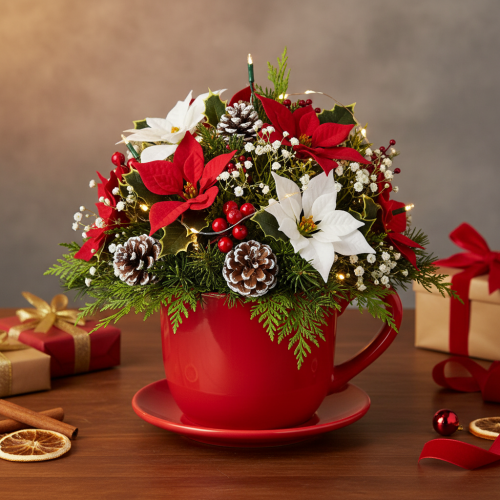 Large Red Ceramic Cup Planter with Attached Saucer, 17cm | Floristik24.co.uk