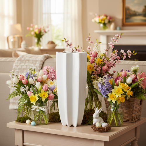 White Ribbed Ceramic Vase 38cm for Dry and Artificial Flowers | Floristik24.co.uk