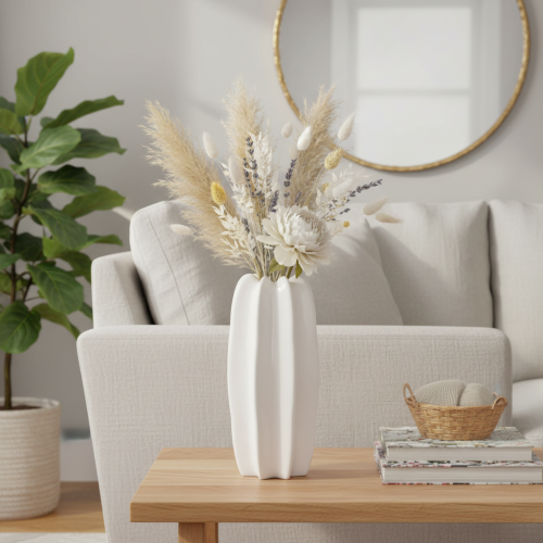 White Ceramic Ribbed Vase for Dried Flowers 40cm | Floristik24.co.uk