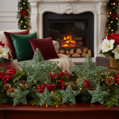 Product Green Wire Star Decoration Set, 10cm and 7cm, 12 Pieces