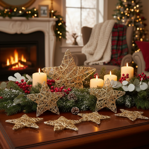 Set of 12 Gold Wire Stars, 10cm and 7cm, for Indoor Christmas Decoration | Floristik24.co.uk