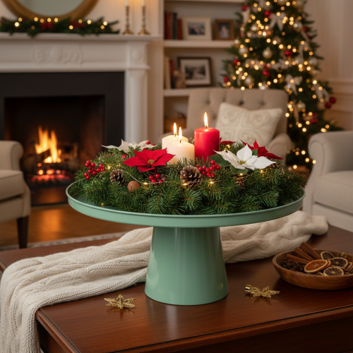 Green Round Metal Decorative Table with High Edges, 40cm | Floristik24.co.uk