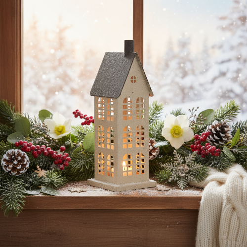 Metal Decorative House with Windows and Chimney 28cm Beige and Grey | Floristik24.co.uk