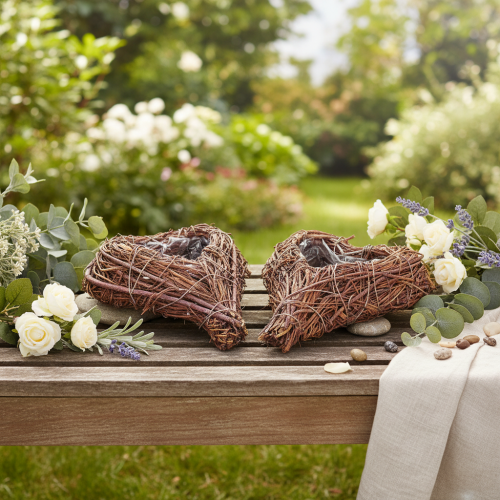 Product Heart-Shaped Twig Bowls with Plastic Liner for Floral Arrangements, 14cm, Set of 2