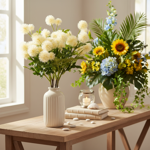 Artificial Chrysanthemum Bundle White Decorative Stems 56cm Set of 4 | Floristik24.co.uk