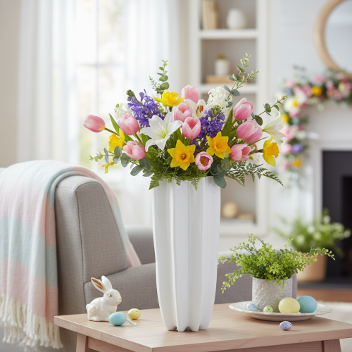 White Ribbed Ceramic Vase 38cm for Dry and Artificial Flowers | Floristik24.co.uk